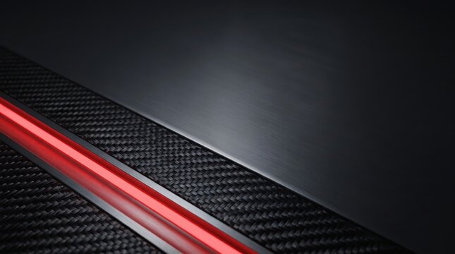 Abstract background with carbon fiber texture, brushed metal surface and a glowing red light strip, modern industrial design