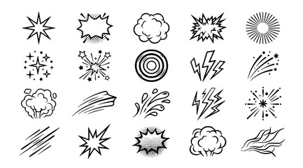 Comic explosion icon set with blast firework spark boom and impact burst editable black vector collection © Md