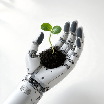 Robot hand holding small green plant sprout growing in soil, Smart agriculture tech and AI sustainability concept