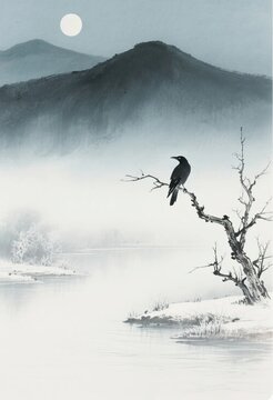 Freehand ink wash chinese decorative illustration, distant mountains waning moon jackdaws river mist, for ancient‑style poster, background and cultural creative design