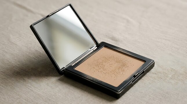 Open compact face powder with an integrated mirror, showcasing a light beige shade, perfect for cosmetic touch-ups and achieving a smooth, flawless skin complexion