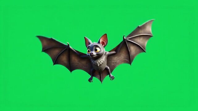 Animation cute flying black bat on green screen background.	
