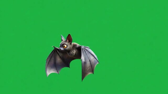 Animation cute flying black bat on green screen background.	
