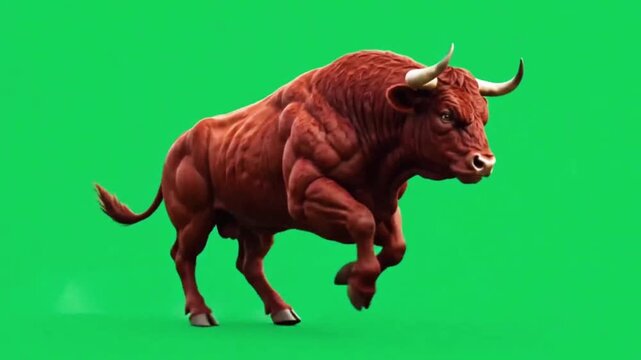 Powerful charging red bull running through dust on green screen background.