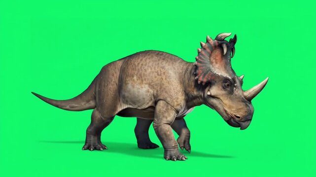 Realistic Triceratops dinosaur running on green screen background.