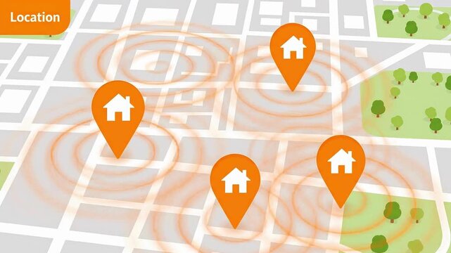 Interactive city map with orange house location pins, animated signal waves on urban street grid, real estate navigation concept