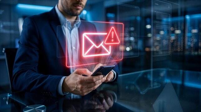 Concept of phishing scam, cyber threat, email fraud, and online security. Warning spam email alert on smartphone and laptop. New concept
