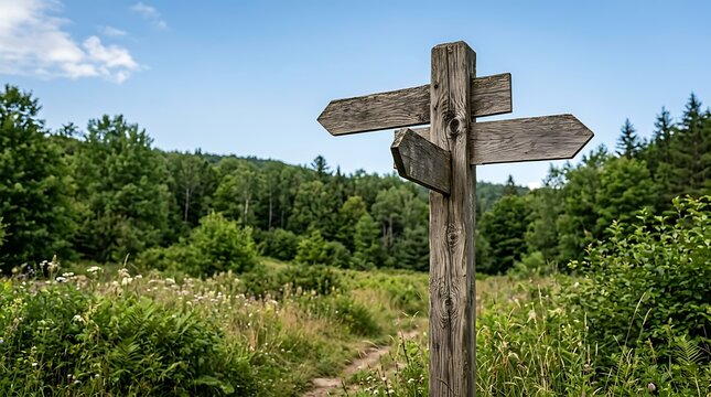 Old rustic wooden directional signpost standing in a lush green meadow with forest background in summer landscape signpost direction landscape