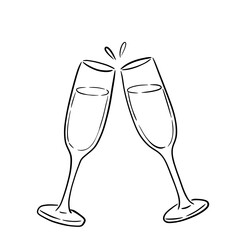 Cute hand-drawn two champagne glasses toasting, line art cheers champagne flute clipart PNG © 다롱 이