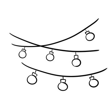 Cute hand-drawn hanging string lights, line art Christmas party bulb garland clipart PNG
