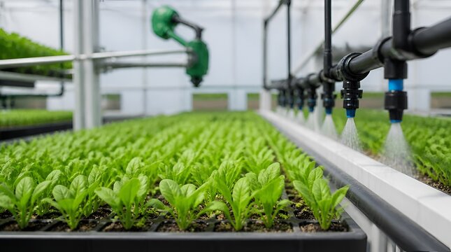 Modern hydroponic greenhouse with automated irrigation system watering green leafy vegetable seedlings