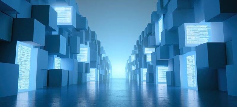 Blue Futuristic Data Corridor with Reflective Floor and High Tech Digital Systems