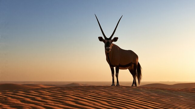 Adult gemsbok oryx with long straight horns standing on rippled sand dune in vast african desert during warm sunset light shows wild african savanna wildlife