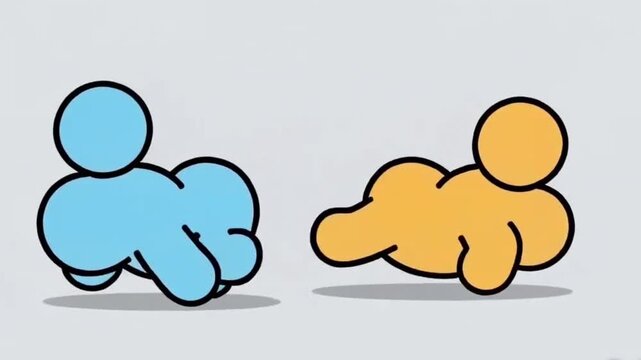 Abstract blue and orange blob characters crawling. Playful amorphous figures in motion on a light gray background, simple cartoon style.