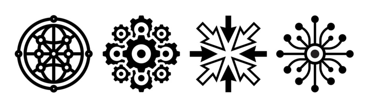 Set of minimalist technology icons with network gears and data centralization symbols on white background.