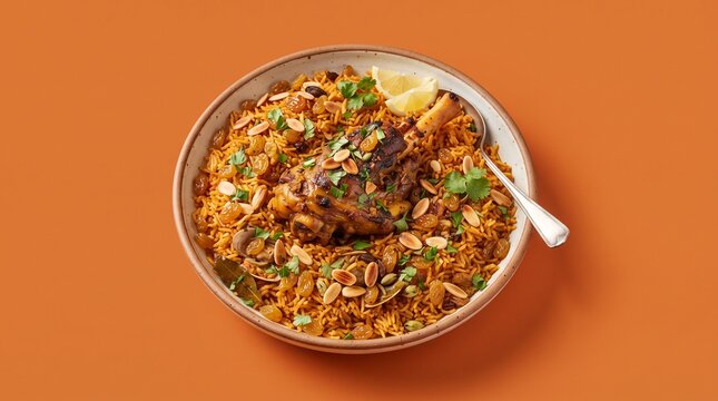 Traditional Lamb Kabsa with Rice in a Bowl. Authentic Middle Eastern Cuisine Presentation