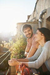 Obraz premium Thinking, couple and happy at house on balcony, scenery and bonding together on calm morning. Smile, people and daydreaming on terrace for stress relief, sightseeing view and weekend break with love