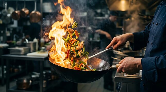 Professional chef cooking stir fry with flames in a wok inside a busy restaurant kitchen