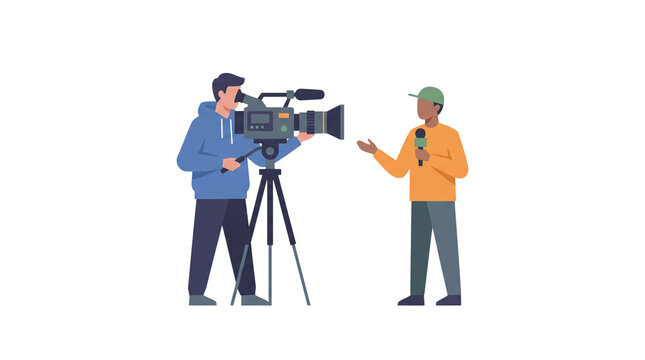 Two men filming and interviewing with a professional video camera and microphone.