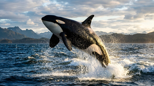 Orca whale breaching dramatically out of the ocean water with a mountainous coastline in the background.