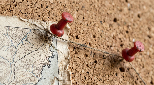 Old detailed paper map on cork board with red pushpins connected by string.