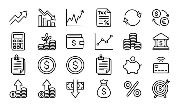 Finance icon set with profit loss stock tax exchange budget earnings money and revenue blue outline symbols