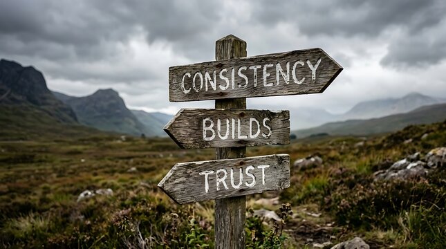Consistency builds trust wooden signpost in dramatic scottish mountain landscape with consistency signpost business motivation strategy development