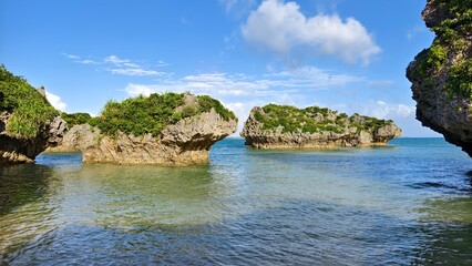 Beach and rocky islands beautiful coastline scenery on Okinawa in Japan © pettys