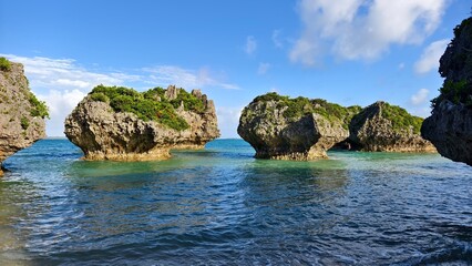 Beach and rocky islands beautiful coastline scenery on Okinawa in Japan © pettys