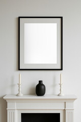 Obraz premium Editable framed poster transparent png mockup above elegant fireplace mantel