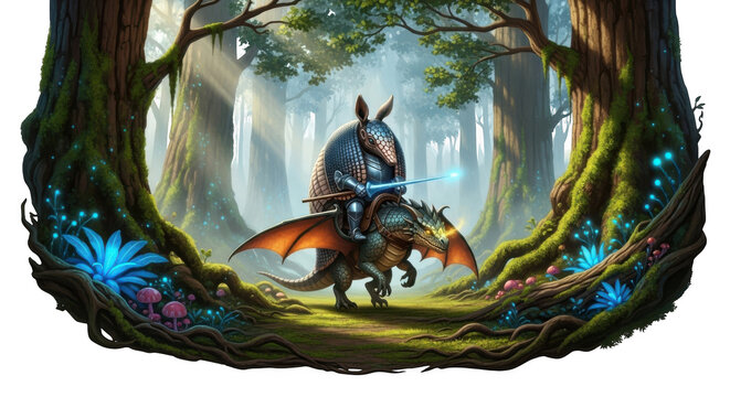Armored armadillo knight on dragon quest isolated on transparent background