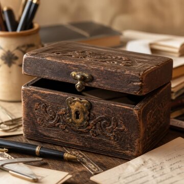 Vintage wooden box with brass lock on an old desk with papers