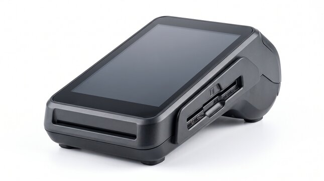 Modern black POS terminal, a sleek payment device for secure transactions; compact point of sale system for retail and business; electronic card reader for credit and debit payments isolated on