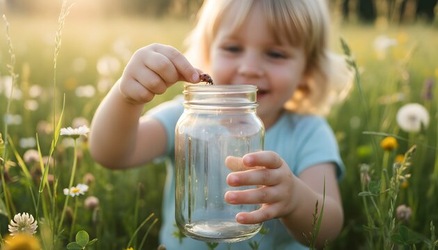 Happy little child catching bugs in a glass jar while exploring a sunny wildflower meadow field for childhood curiosity, discovery, and outdoor learning concept