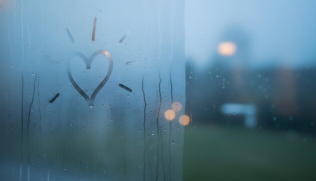 A heart shape created by a child drawing on foggy window pane covered with condensation and rain droplets on a cold gloomy winter evening for love and hope concept