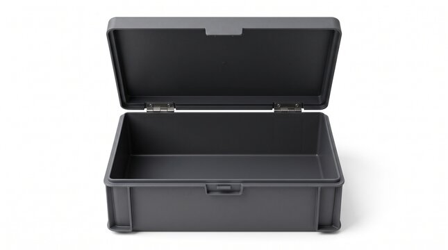 Empty dark gray plastic storage box, a versatile open container for organization and secure keeping. Durable plastic case for tools, supplies, or personal items