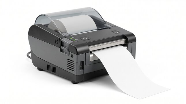 Modern thermal receipt printer, a compact black point-of-sale device, with a roll of white paper emerging, essential for retail and business transactions.