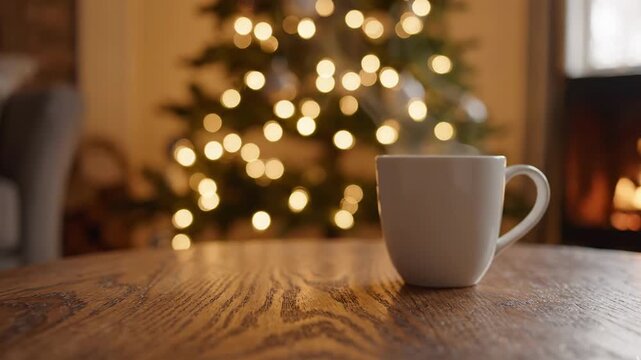 White coffee mug on a wooden table with blurred christmas tree lights in the background