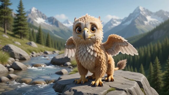Cute baby griffin standing on a rock by a mountain river in a scenic alpine landscape
