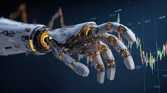Robot robotic hand with financial candlestick chart 3D render, AI intelligent trading stock market data analysis, tech investment algorithm trading concept dark digital background