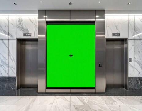 Modern office building elevator lobby with a large interactive green screen display, perfect for corporate digital signage mockups, advertising campaigns, and branding presentations