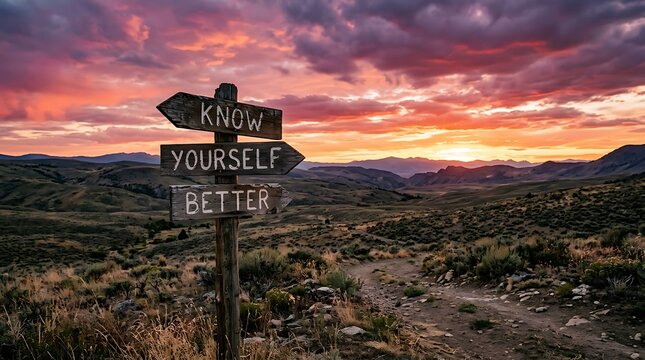 Old wooden signpost with text know yourself better at dramatic sunset in the mountains signpost directional discovery reflection landscape