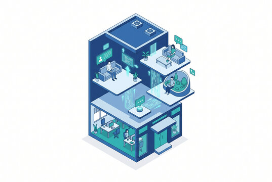 Cutaway Office Building with Office and Remote Workers Isometric Vector