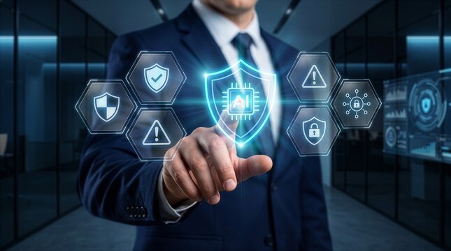 Enterprise AI Security Protection Businessman Touching Shield Icon. Risk Management Cybersecurity Technology. artificial intelligence governance compliance monitoring and cybersecurity. New concept