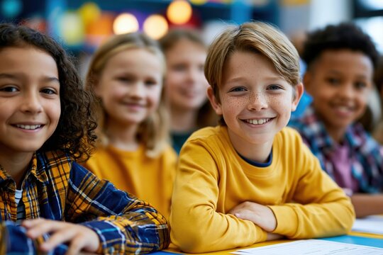 Diverse group of children welcoming classmate in inclusive classroom setting