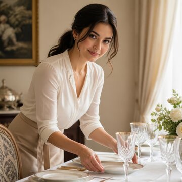Smiling Woman Setting Elegant Dining Table for Special Occasion