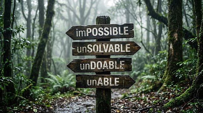 Impossible unsolvable undoable unable conceptual wooden signpost in a foggy forest with impossible unsolvable undoable negativity limitation