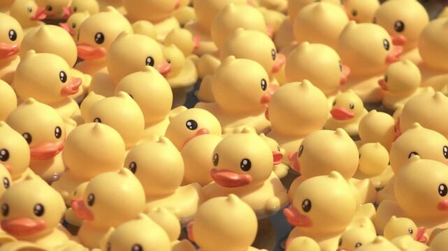 Group of rubber yellow ducks at pool