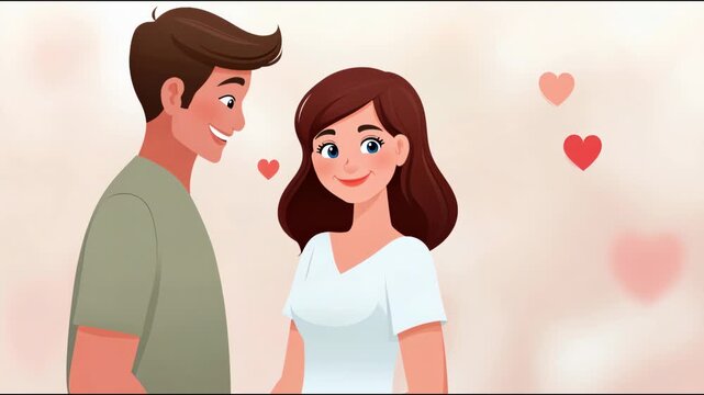 Animated young couple in love sharing a tender kiss and hug with floating hearts background