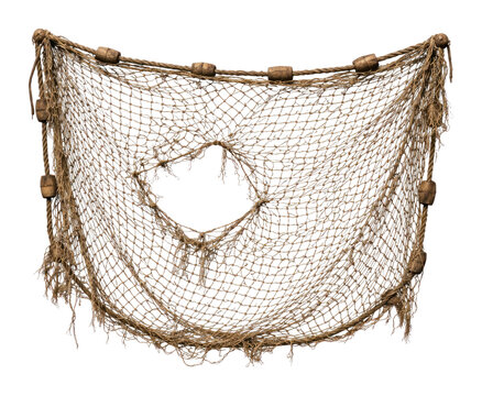 PNG Vintage fishing net with floats and a large hole.